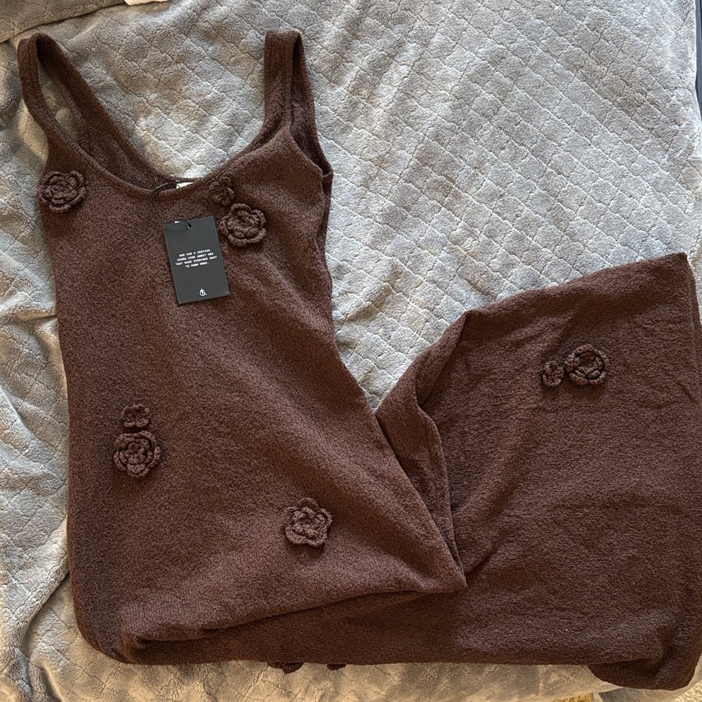 Espresso Brown Knit Maxi Dress with floral appliqué
